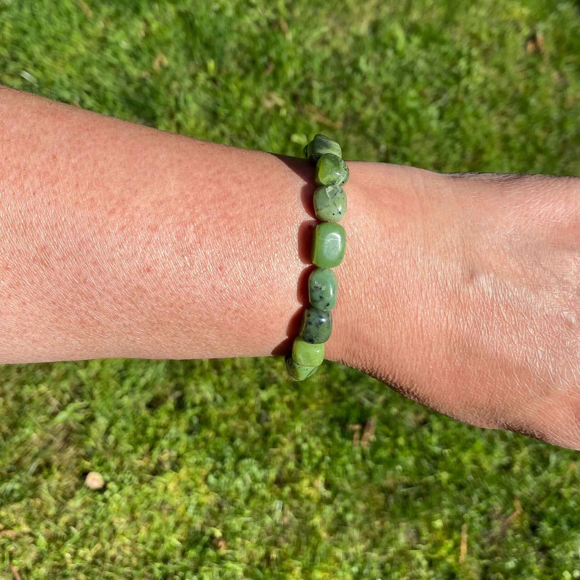 BC Jade Nugget Bracelet-Gemstone Jewelry This bracelet is made with 9x12mm nephrite jade nuggets, also known as BC Jade, British Columbia Jade or nephrite jade, and stretchy elastic. Packaging: This bracelet will come to you in an organza gift bag, along