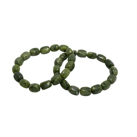 BC Jade Nugget Bracelet-Gemstone Jewelry This bracelet is made with 9x12mm nephrite jade nuggets, also known as BC Jade, British Columbia Jade or nephrite jade, and stretchy elastic. Packaging: This bracelet will come to you in an organza gift bag, along