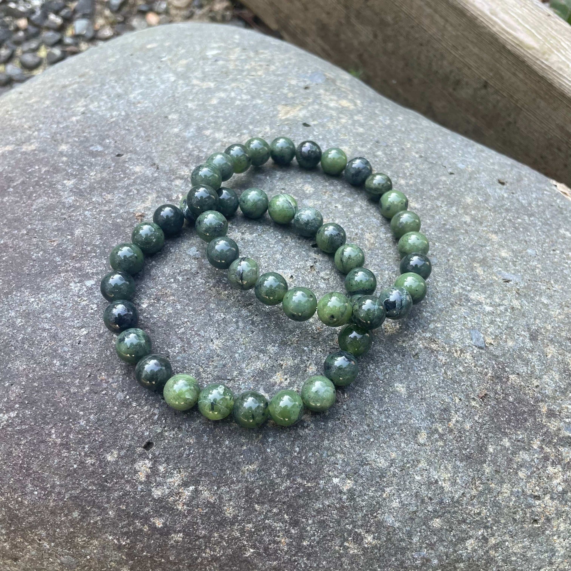 BC Jade Round Bracelet-Gemstone Jewelry This bracelet is made with 100% untreated genuine canadian nephrite jade, also known as BC Jade, and stretchy elastic. Packaging: This bracelet will come to you in an organza gift bag, along with an information shee