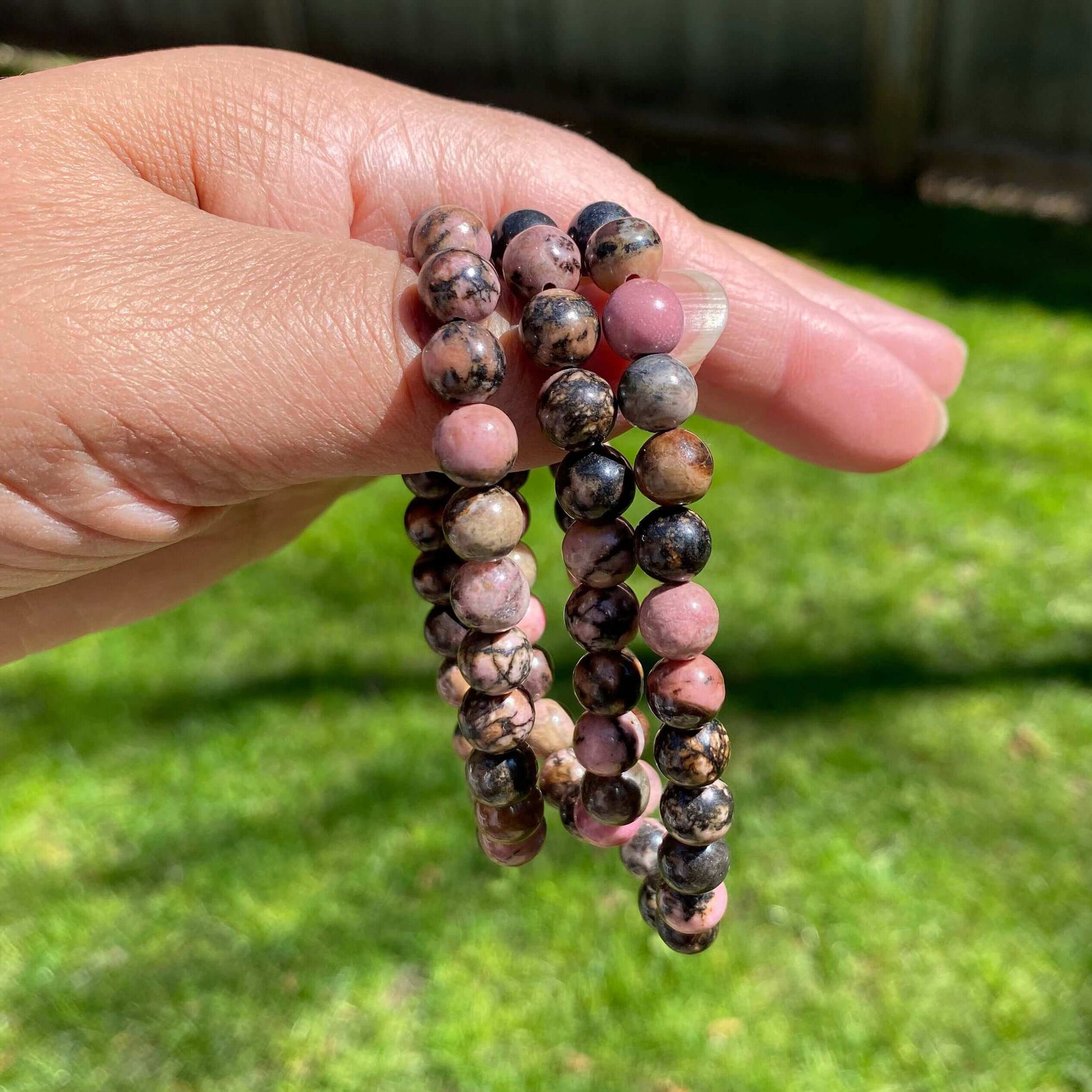 Rhodonite Bracelet-Gemstone Jewelry This bracelet is made with rhodonite and stretchy elastic. Natural gemstones will not look exactly the same, especially rhodonite. Therefore, the bracelet you receive will not look exactly like the picture. Packaging: T