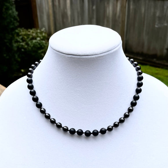 Black Onyx, Matte and Garnet Necklace-Gemstone Jewelry